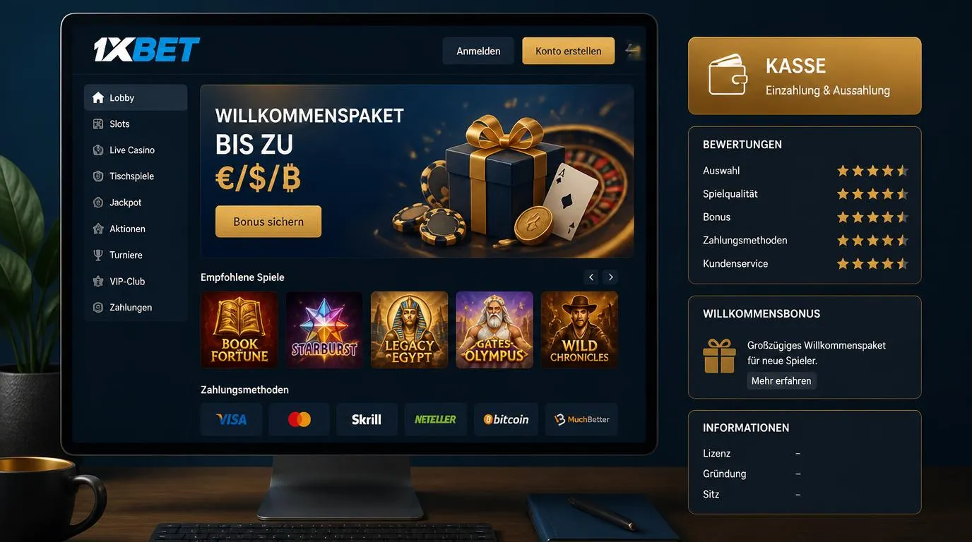 Illustrative Casinooberfläche mit Bewertungsübersicht, Bonuskarte und Schaltfläche zur Kasse