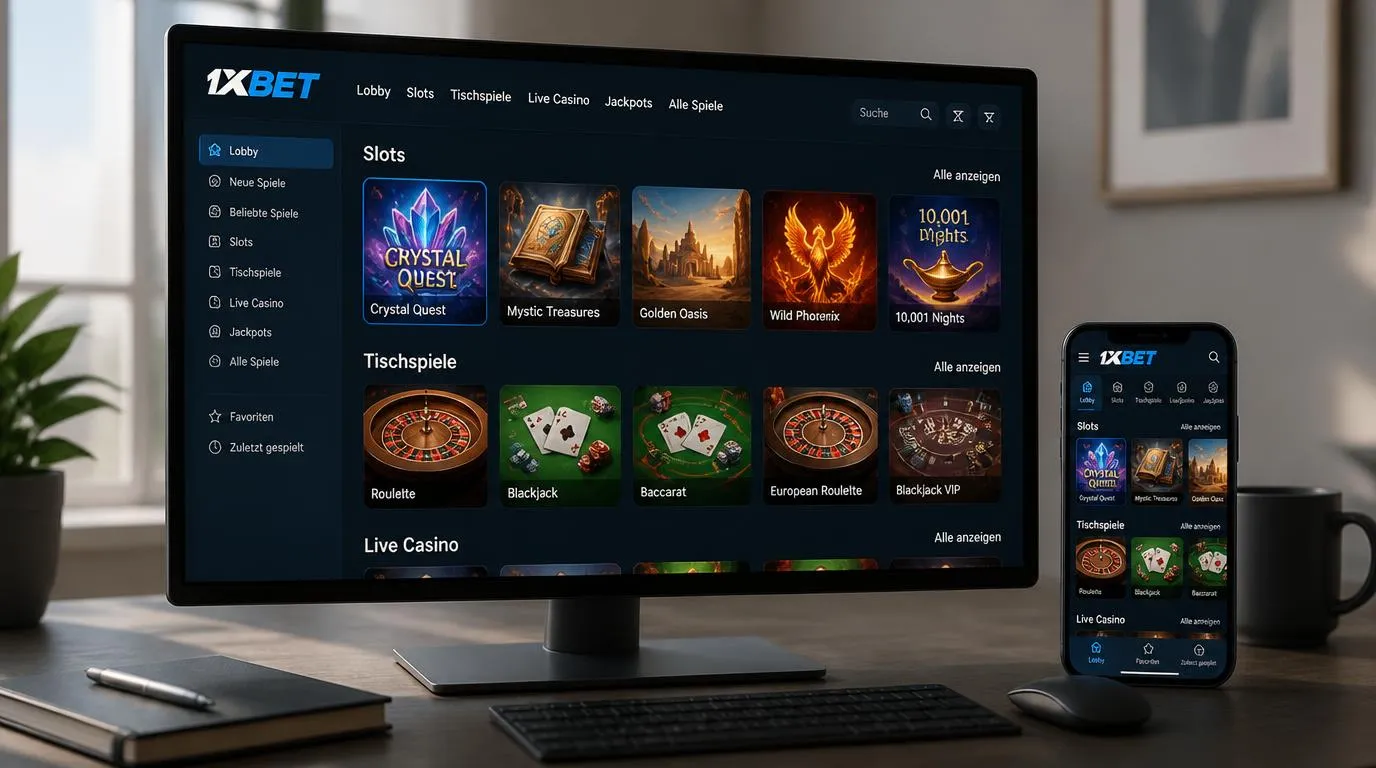 Desktop und Smartphone mit einer übersichtlichen Casino-Spielauswahl aus Slots und Tischspielen